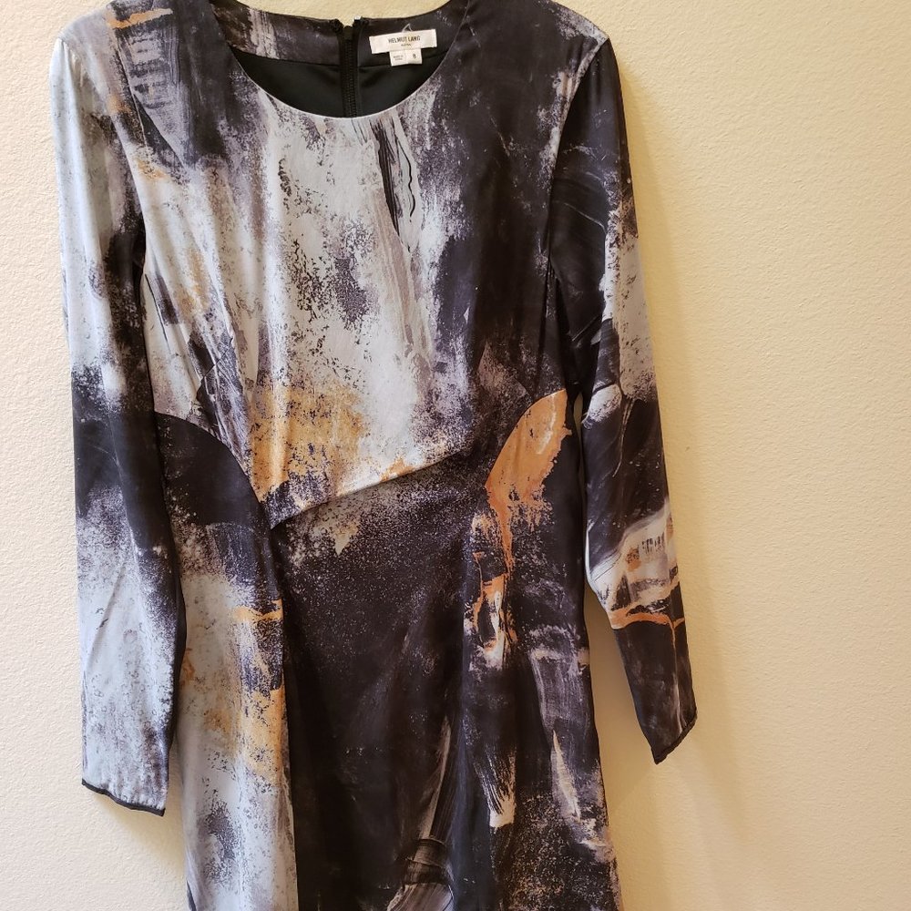 HELMUT LANG Size 8 Silk Stretch Abstract Grey Modernistic print Mini Dress